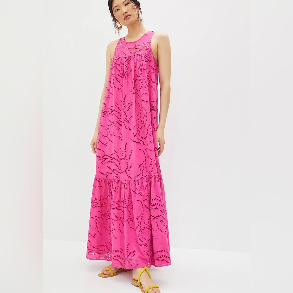 Maeve Anthropologie Belrose Bright Pink Cotton Eyelet Spring Tiered Maxi Dress